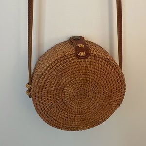 Woven wicker rattan  crossbody purse with tropical leaf lining